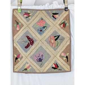VTG Folk Art Hand Hooked  Rug 21" x 20" Floral Sampler Criss Cross Weave Design
